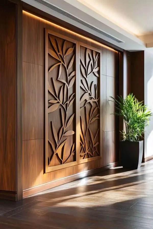 CNC cut leaf panel on wooden wall