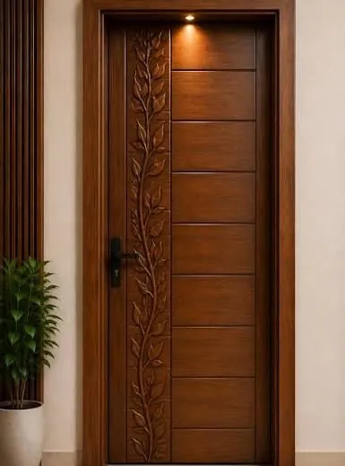 Carved wooden door with vine pattern