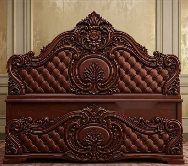 Carved wooden bed with tufted panels