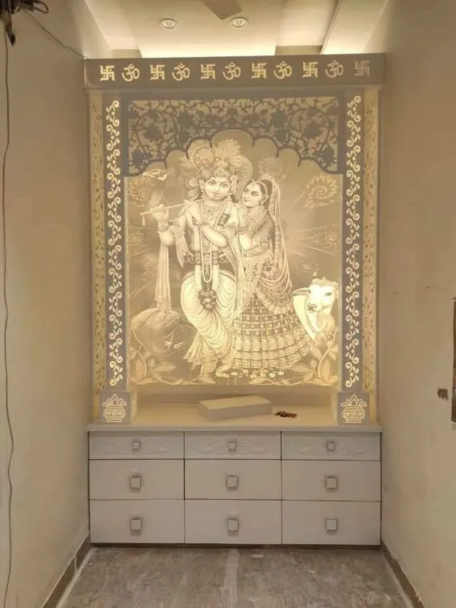 Backlit Korean mandir with Radha Krishna panel